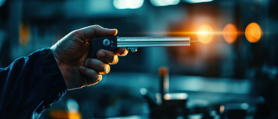 Hand holding a laser pointer, focusing light on a machine in a workshop setting.