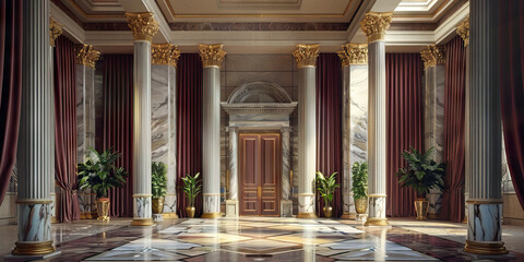 Fototapeta premium A grand, marble-columned bank entrance, its regal columns topped with gold leaf and surrounded by rich burgundy curtains.