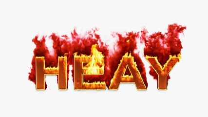 The word Heat appears in bold, metallic letters glowing red-hot, surrounded by intense flames that gradually fade into glowing embers against a clean white background - Powered by Adobe