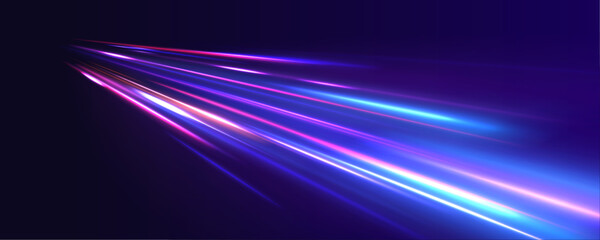 Night motorway with light effects in neon colors purple. Abstract energy in the form of stripe, arc, curl and zigzag in neon colors with light effect.  Long exposure of motorways as speed. 	