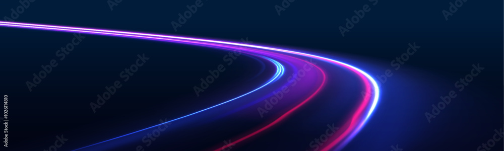 Poster night motorway with light effects in neon colors purple. abstract energy in the form of stripe, arc,