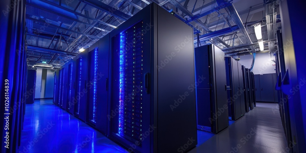 Poster modern data center with rows of cooling servers