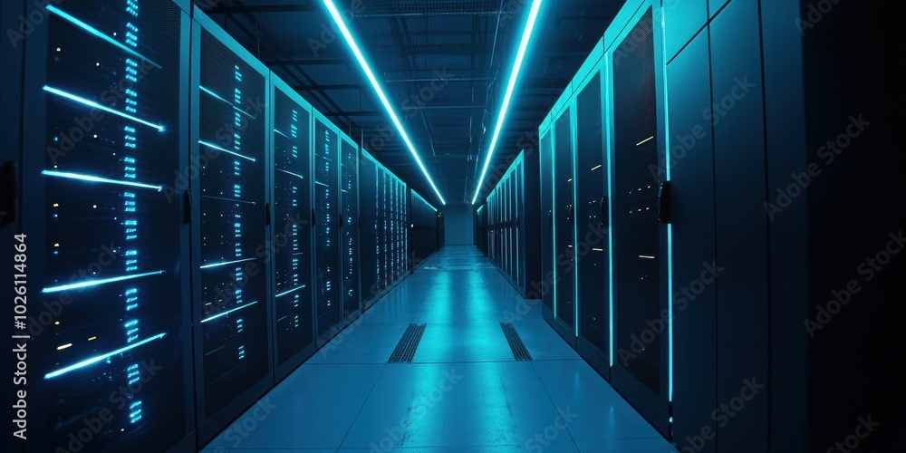 Poster modern data center with rows of cool servers