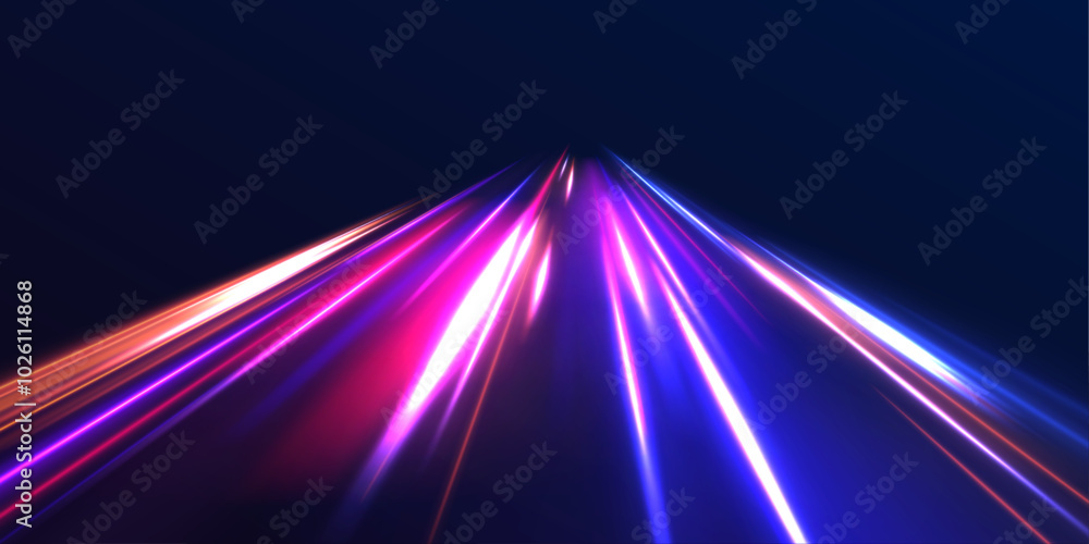 Poster light trails on road at night. abstract futuristic neon background with glowing ascending lines. bea