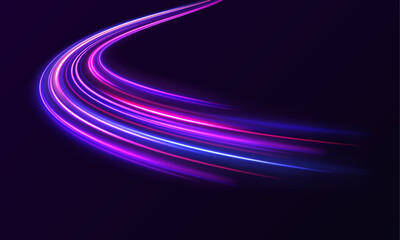 Vector speed of light in space on dark background. Abstract background in blue, yellow and orange neon colors.	