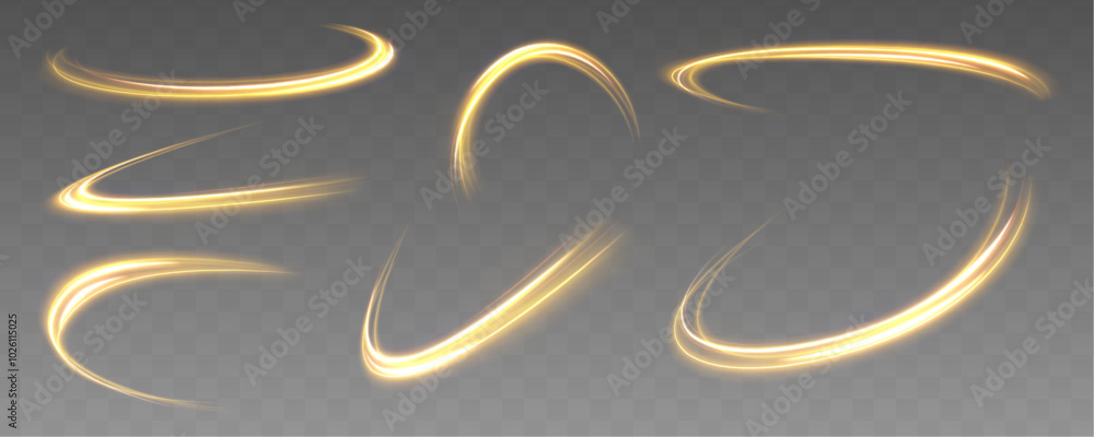 Poster Set of curved yellow light lines on transparent background. Bright lights with glowing lines in motion with small particles and glare.