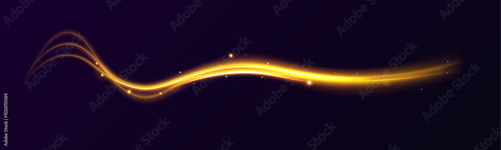 Poster shine magic gold swirl with flare sparkles. curved yellow line light. vector transparent sunlight sp