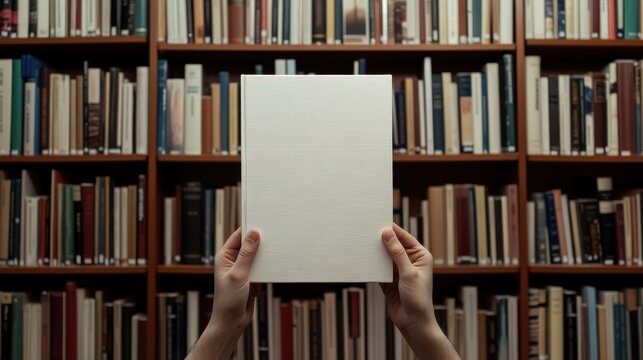 Mockup of a white empty b ook in library background