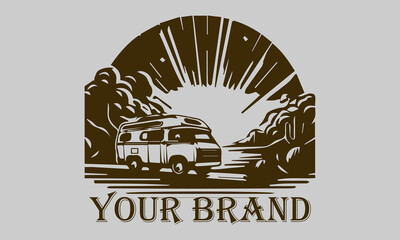 This vector illustration shows a vintage camper van driving over the vast desert sands. The setting sun rays provide a warm and dramatic effect on the image representing the concepts of freedom