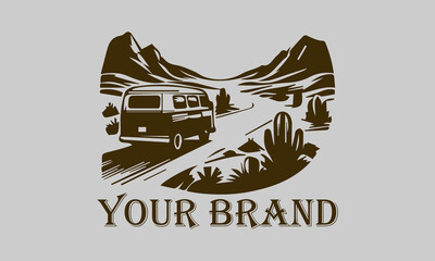 This vector illustration shows a vintage camper van driving over the vast desert sands. The setting sun rays provide a warm and dramatic effect on the image representing the concepts of freedom