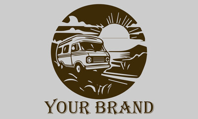 This vector illustration shows a vintage camper van driving over the vast desert sands. The setting sun rays provide a warm and dramatic effect on the image representing the concepts of freedom