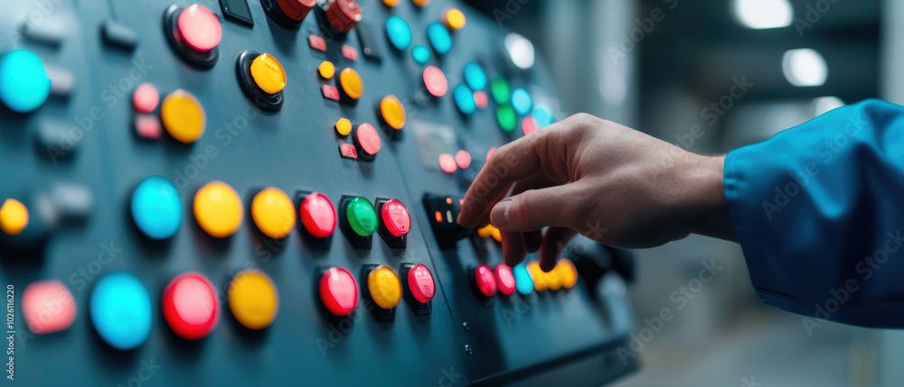 Poster hand operating control panel buttons in industrial setting, focus on interaction.