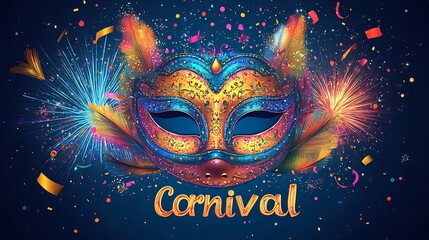 Carnival text bold rainbow hues with intricate mask designs swirling confetti and colorful fireworks creating a fun and engaging carnivalthemed poster
