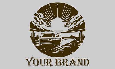 This vector illustration shows a vintage camper van driving over the vast desert sands. The setting sun rays provide a warm and dramatic effect on the image representing the concepts of freedom