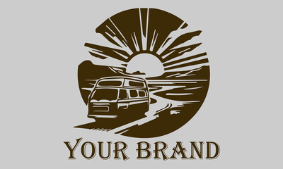 This vector illustration shows a vintage camper van driving over the vast desert sands. The setting sun rays provide a warm and dramatic effect on the image representing the concepts of freedom