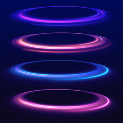 Curve blue line light effect neon swirl. Abstract ring background with glowing swirling background. Vector swirl trail effect. Abstract vector fire circles, sparkling swirls.