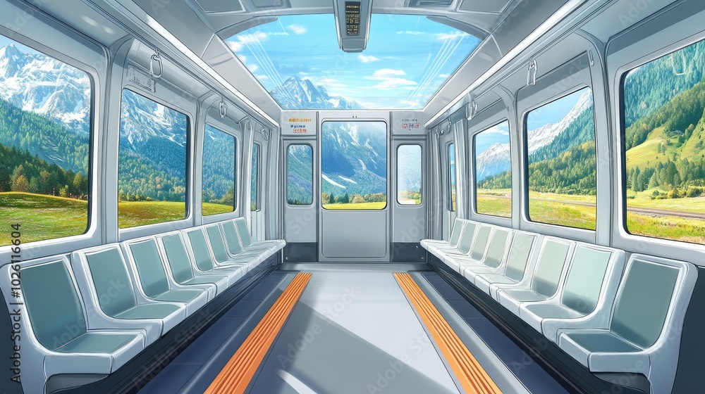 Poster an empty high-speed train with panoramic windows, offering a wide view of the mountains and countrys