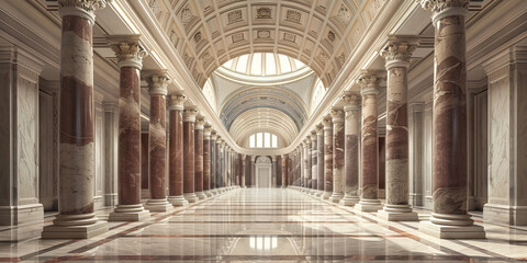Obraz premium A row of marble columns supporting a domed ceiling in a grand bank lobby, with deep burgundy accents.