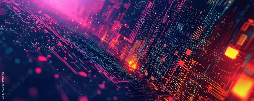 Poster abstract digital cityscape with neon lights and circuit lines, representing futuristic technology an