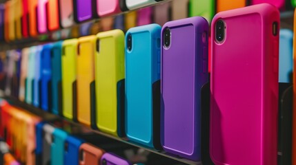 In a phone store, vibrant phone cases, Generative AI.