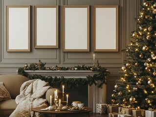 Create a cozy, realistic Christmas interior scene featuring four blank thin oak picture frames 15x21 inches prominently displayed on a mantelpiece