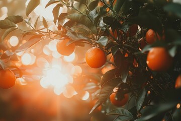 Oranges Hanging From Tree Branch With Sunset Glow