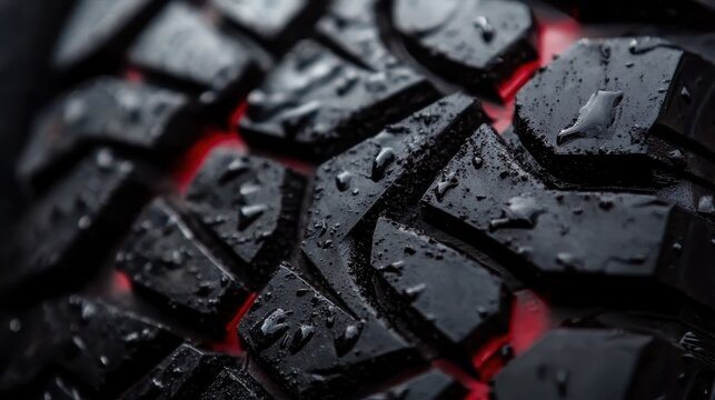 A macro close-up of a wet tire tread, revealing intricate patterns and water droplets, emphasizing durability and grip in automotive design and weather resistance.