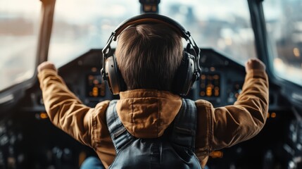 A child, seated in a cockpit while wearing a headset, pretends to be a pilot, capturing imaginations and dreams ignited during a playful adventure.