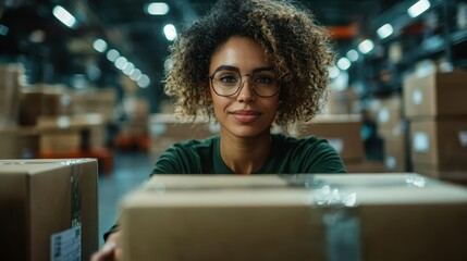 A focused woman wearing glasses is seen organizing packages among numerous cardboard boxes in a warehouse, highlighting attention to detail and dedication.