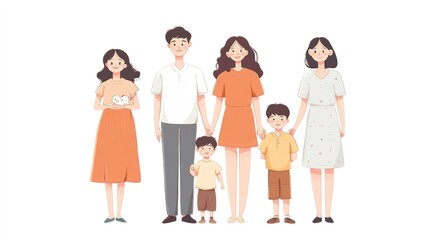 Obraz premium family consist of 40s parents and two 10s children, minimalstic normcore clothes, white background
