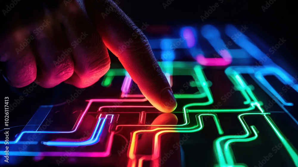 Poster hand touching colorful neon circuit pattern on dark background