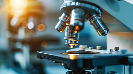 In the laboratory, a metal-lens scientific optical microscope. An optical electron microscope is a laboratory instrument. Science as a concept and study on microbes, Generative AI.