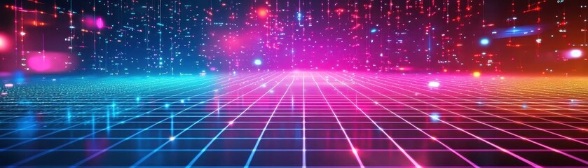 Vibrant retro futuristic background with a neon grid and glowing elements, creating a dynamic, colorful digital landscape.
