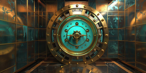 Fototapeta premium An art deco-inspired bank vault door, its brass finish complemented by teal blue highlights.