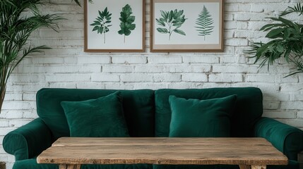 A cozy green sofa adorned with green pillows sits beneath framed botanical art on a white brick wall, creating a vibrant and relaxing atmosphere in the room.