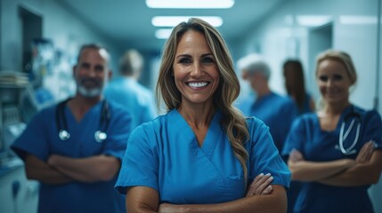 A group of confident healthcare professionals smile in a well-lit hospital corridor, symbolizing collaboration and dedication in providing excellent patient care.