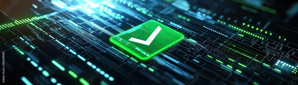 Poster futuristic digital checkmark on a neon holographic interface, symbolizing approval, success, and com