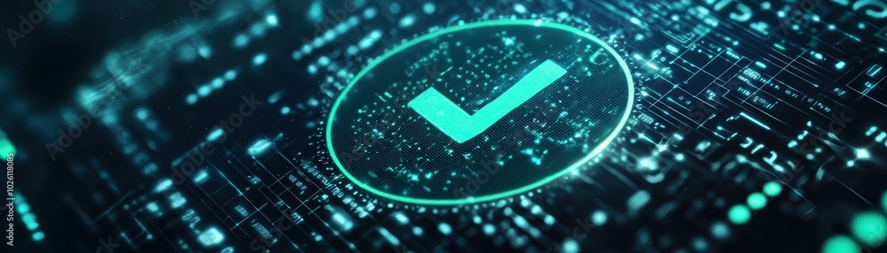 Poster digital checkmark on a futuristic dark background surrounded by data and technology, representing ve