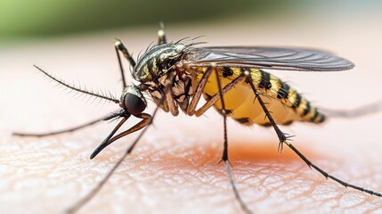 Macro shot of a mosquito on human skin with a blurred green background.
