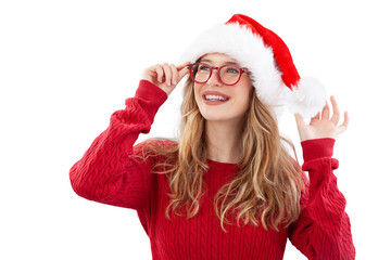 Smiling Christmas woman wears red glasses and Santa hat. Isolated on white background, for eyewear shops, sales and offers promotions, online shopping, advertising banners, posters, or gift cards