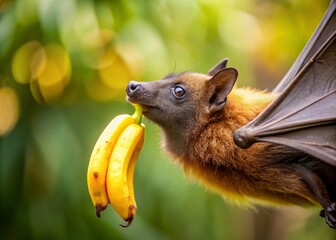 Obraz premium Minimalist Scene of a Flying Fox Enjoying a Banana in a Natural Setting