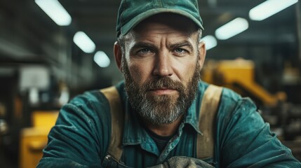 A robust man with a beard, wearing workwear and a green cap, stands confidently in a warmly lit workshop, symbolizing diligence and craftsmanship.