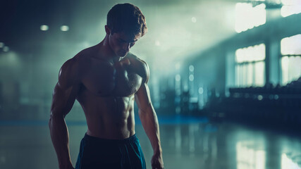 Fototapeta na wymiar athletic male body against the background of a gym