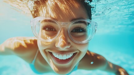 Naklejka premium A young woman enjoys a playful swim underwater, wearing transparent goggles, and expressing a radiant smile, illuminated by the lively reflections of sunlight.
