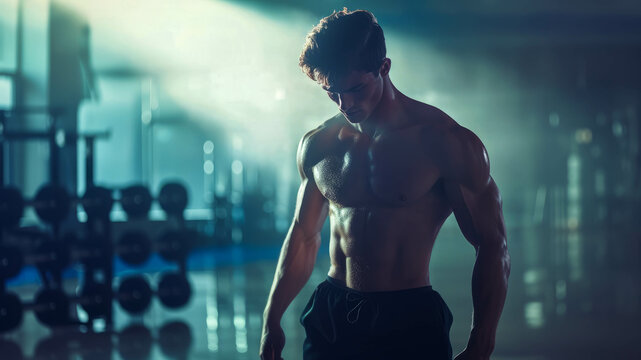 athletic male body against the background of a gym
