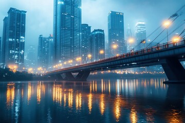Naklejka premium City Bridge Against Misty Skyline at Night