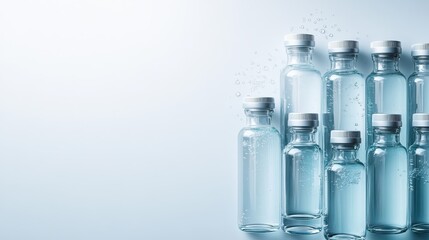 A collection of transparent bottles filled with water are neatly arranged against a light blue background, representing purity, hydration, and the simplicity of modern design.
