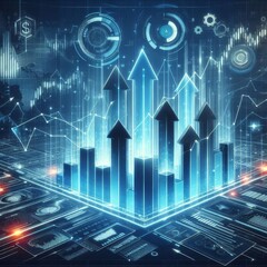 Fototapeta premium Futuristic raise arrow chart digital transformation abstract technology background. Big data and business growth currency stock and investment economy . 