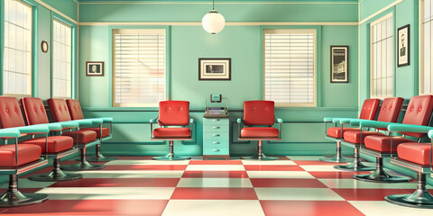A retro-inspired bank branch, reminiscent of the 1950s, with red leather chairs and turquoise accents.