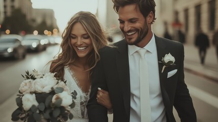 A bride and groom sharing joyful smiles as they walk together arm in arm after their wedding ceremony, symbolizing love, commitment, and new beginnings.